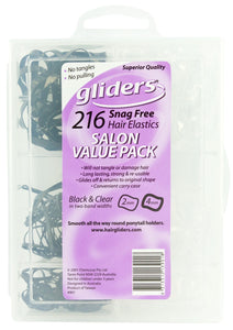GLIDERS 216 Snag Free Hair Elastics Salon Value Pack (Black & Clear)