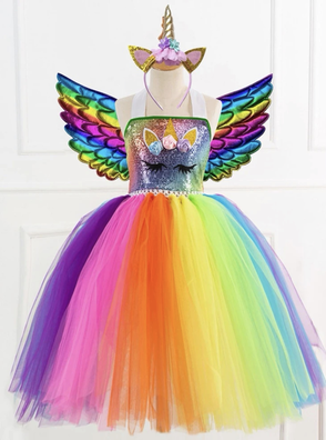 Girls Sequin Bodice Colourful Mesh Dress, Headband and Wings